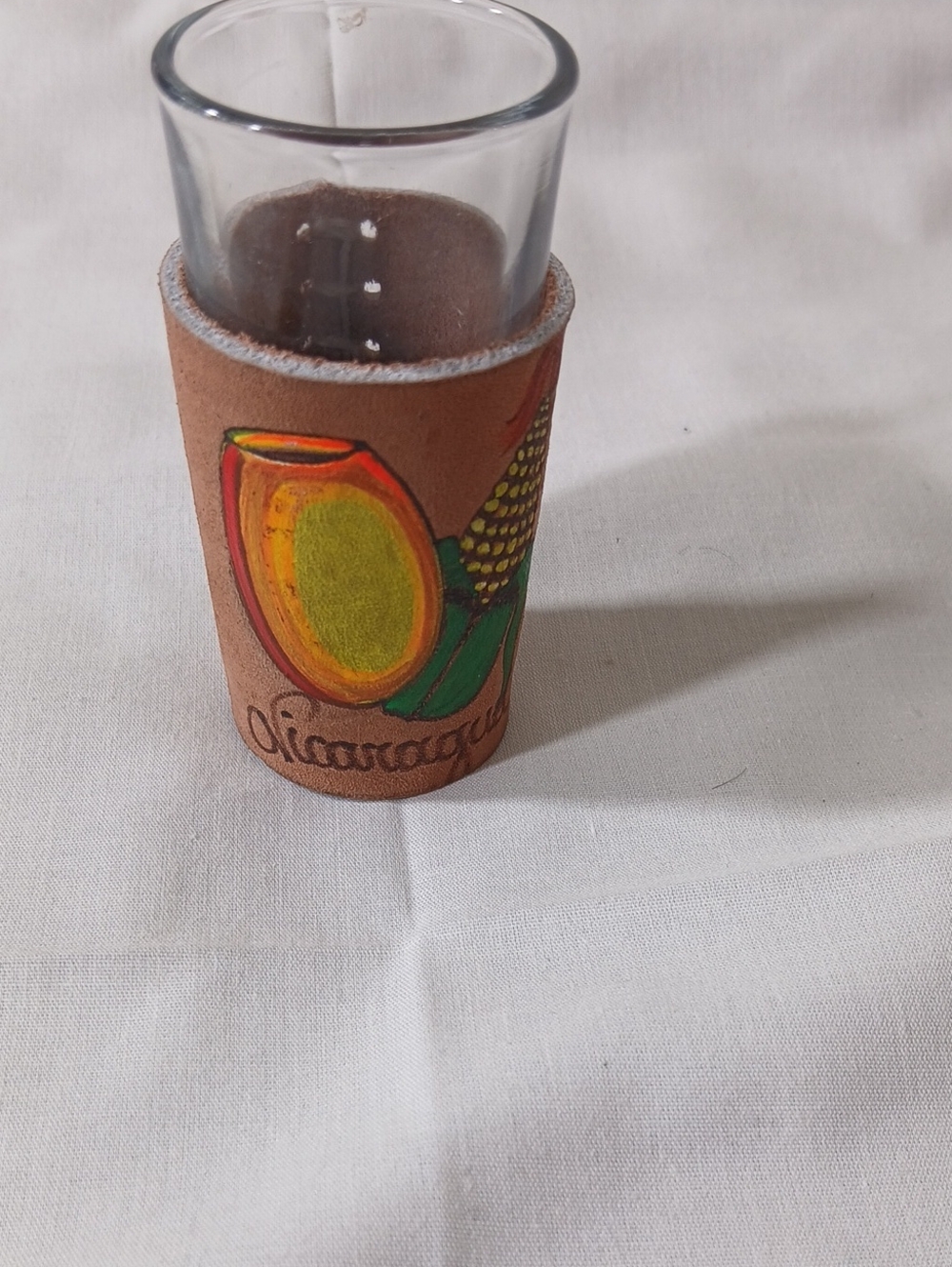 Nicaragua Leather-Wrapped Shot Glass – Brown with Yellow Accent